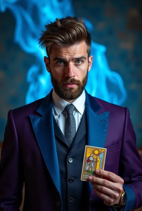  Young man with a beard who reads the tarot , arrested,  waiting with interest, holding a tarot card in his right hand. He wears a blue and purple suit with a gray tie
There's a fiery blue flame behind him.
