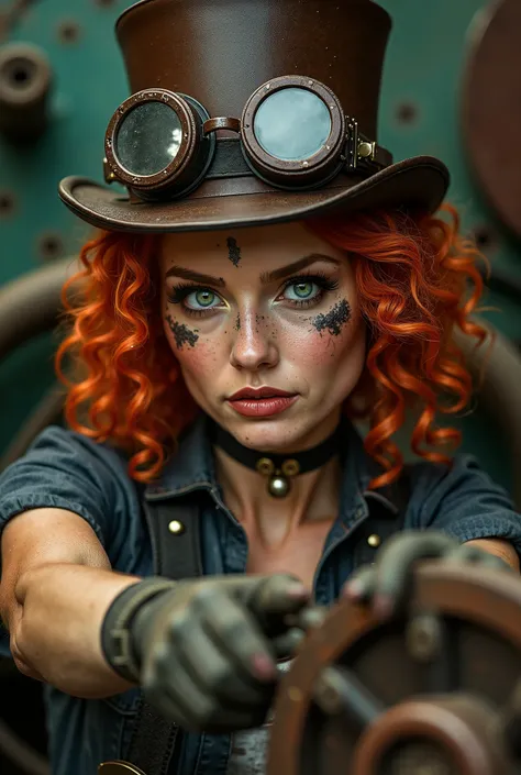 A woman in a leather top hat welding glasses the dirty face of engine crass red curly hair green eyes 