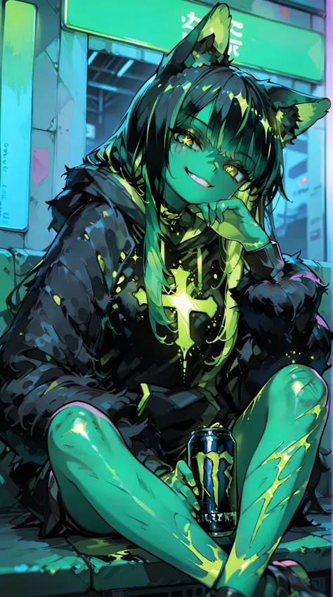  1 girl, solo,  Hi-Res,  long hair,  Hi-Res,  Masterpiece,  green hair,  black hair, ( black heavy green inner color ), perfect face , golden eyes,  Glitter Effect , Blurred, Monster energy,Green and black,背景green neon light,Claw marks, black and green wol...