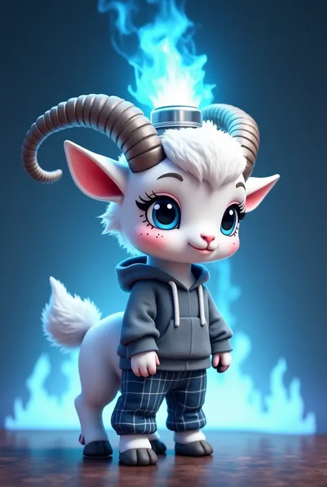 A cute anthro white goat with blue gray ram horns and blue grey goat eys freckles with big silver lighter hat on head emitting blue flames. Hind legs with grayish blue hooves long white devil tail with grayish blue tip cute blue eye liner and cute eye lash...