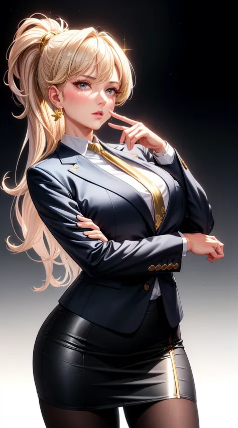 (best quality:1.5, highres, UHD, 4K, detailed lighting, shaders), gold floral haired, gradient hair, large breasts, suit, gray shirt, social shirt, short skirt, mature woman , (pov), white background, colorful eyeshadow, dramatic lighting, sparkling eyes, ...