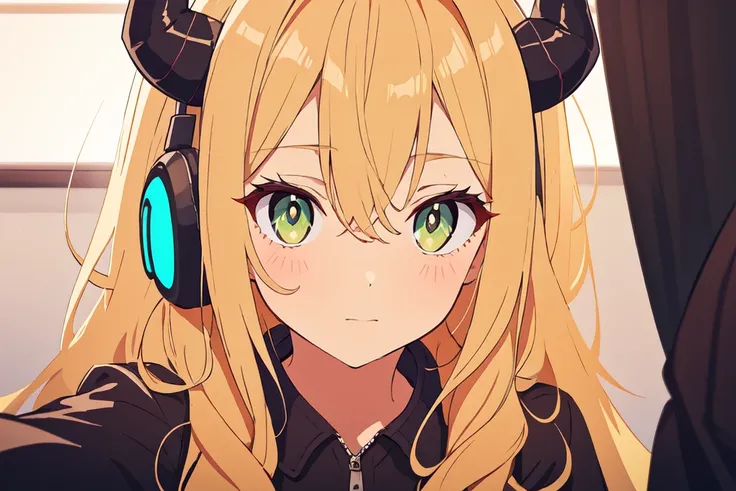 , a cute women, tiktok,headphones, beutiful face, selfie ,gamer women ,gaming pc ,playing game symbol-shaped pupils, expressionless, mind control(,HypHarem), blonde hair, green eyes, demon horns. 