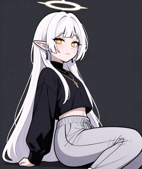 A 5"0 tall young androgynous elf angel hybrid with bright yellow and orange eyes with white pupils, with white hair that's a shorter size on the front, medium on the sides and back, with two longer strands In the corners of the front bangs, wears a blank b...