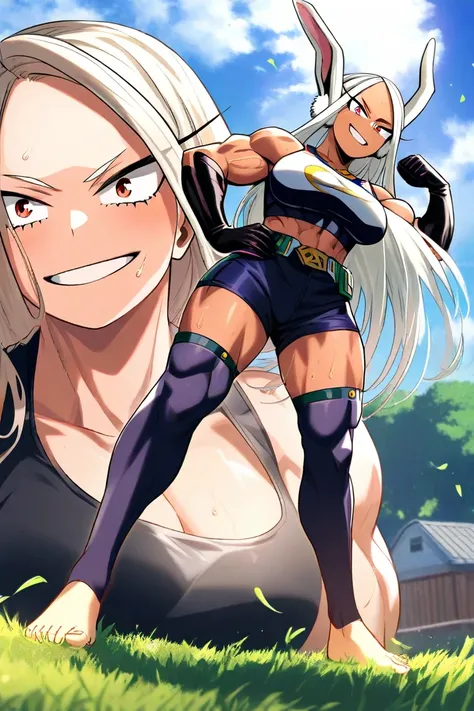 1girl, Mirko (Boku no Hero Academia), green tie, black leather gloves, black sports bra, black shorts, thigh-high socks, bare feet, long white hair in messy buns, red eyes, pointed rabbit ears, muscular arms and legs, flexing right bicep, looking directly ...