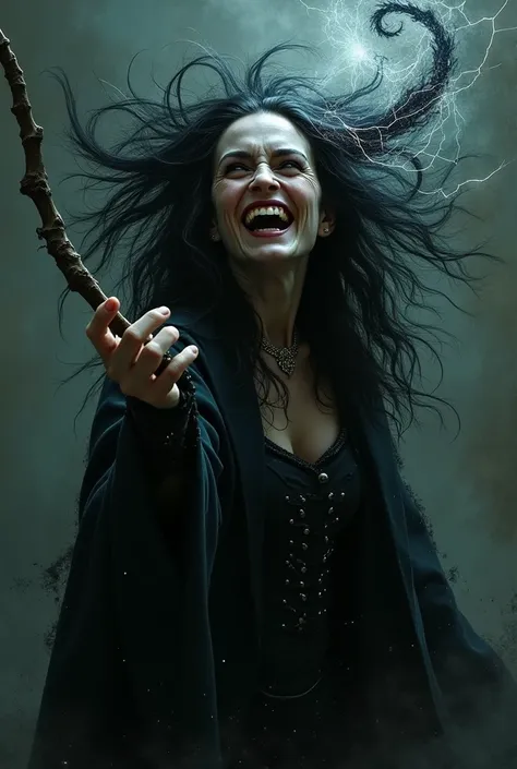  Bellatrix with wild ,  untamed hair , Laughs hysterically ,  while her wand emits dark energy.