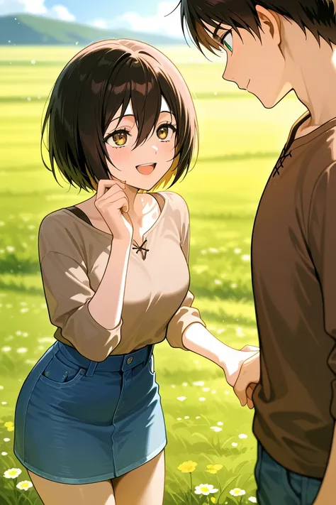 masterpiece, best quality, amazing quality, very aesthetic, newest, couple, hetero, (duo focus), 1girl, mikasa \(attack on titan\) \(brown shirt, denim skirt, smile, :D\), 1boy, eren \(attack on titan\) \(brown shirt, denim jeans, smile, :D\), holding hand...