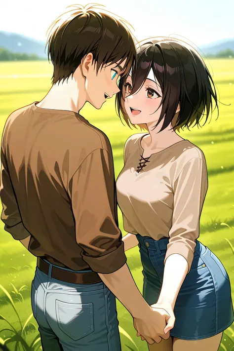 masterpiece, best quality, amazing quality, very aesthetic, newest, couple, hetero, (duo focus:1.3), 1girl, 1boy, mikasa \(attack on titan\) \(brown shirt, denim skirt, smile, :D\), eren \(attack on titan\) \(brown shirt, denim jeans, smile, :D\), holding ...