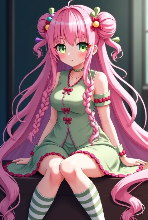  Mitsuri has long and lush hair ,  that reaches the height of her legs .  Her color is a unique pink-green ,  with nuances that vary between light pink and mint green , giving an almost iridescent look .

 Her hair is divided into three large locks , , eac...