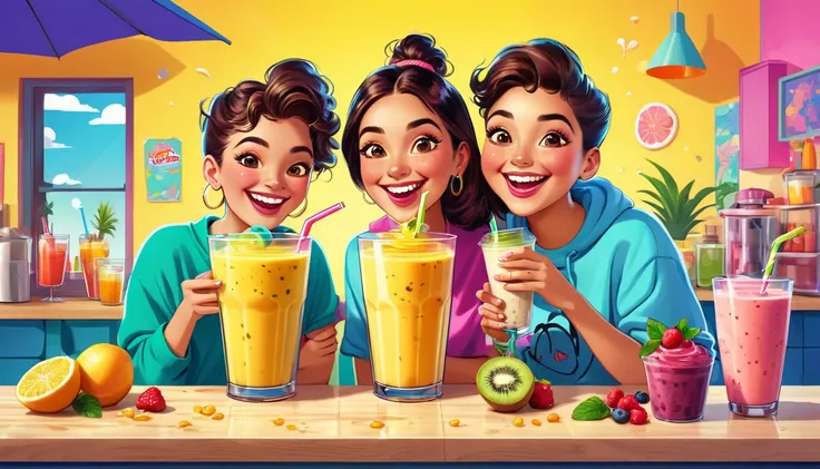 Create an image where you can see two happy friends having a smoothie. cartoon drawing. stunning digital illustration, highly detailed 4K digital art, beautiful digital artwork, vibrant cartoon, epic digital art illustration
