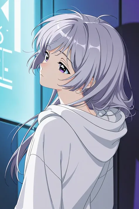 A young, short girl in a neon megacity in the near future wearing a large white hoodie, her hair growing to her back, her eyes blue and purple-gray hair