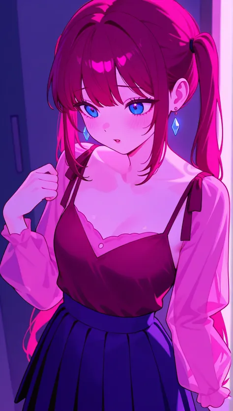 masterpiece), (portrait), small breasts (aesthetics), ((1 female 21 years old)), Highlight earrings), ((long hair, inside the room, voluminous pigtails)), ((crystal red hair)),  straight hair, thin eyes open, look of an insecure, needy girl, cold look, blu...