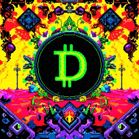 Pixel art  with smaller  logo of  a 'Digicoin' similar like bitcoin but made black coin  with green 'D'  in the middle  , acid style  , drugs colours , high quality detalis , high quality , yellow colours , acid theme , add also some red theme , put on coi...