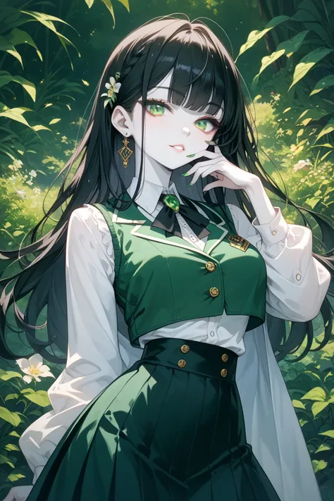 A vest with a narrow waist and a tight skirt with a long hem、The vest and skirt have a green houndstooth design、 long straight black hair、Long eyelash droopy、 my eyes are black。 has pure white skin 