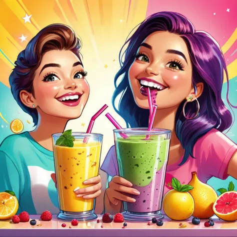 Create an image where you can see two happy friends having a smoothie. cartoon drawing. stunning digital illustration, highly detailed 4K digital art, beautiful digital artwork, vibrant cartoon, epic digital art illustration
