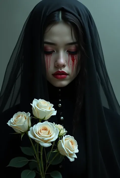 Create an image with my photo with black veil and black dress with white roses with blood closed eyes crying 