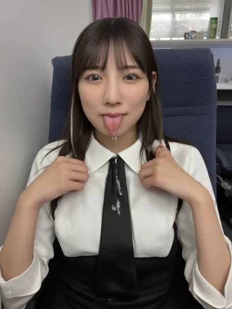  image according to the rules below , Japanese  woman with black hair, Her age is 25, ((( cabin attendant sitting on a chair on an airplane))),  she sticks out her tongue sloppily ,  is arguing, dripping from her hair ,((  dripping from her nose to her ton...