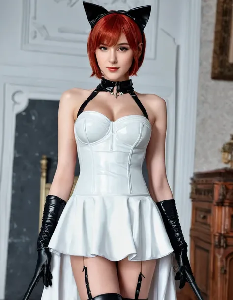   young girl ,  slim ,  red hair top, straight short hair,  small breasts, Breasts free to see,, Cat ears,  masterpiece ,  Anatomically correct , UHD,  super detailed, further away, Wedding dress,  latex black knee boots ,  latex black arm warmers long , h...