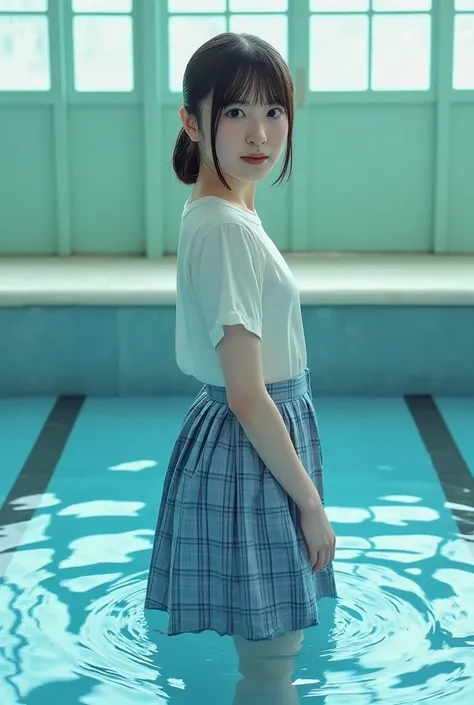  and she is staring thoughtfully at the side , Water accumulates up to the knee . She has been a long time,  has pure black hair with bangs 、 A young East Asian woman named Yuchan is standing in the pool {x} with a white short-sleeved blouse and I'm wearin...