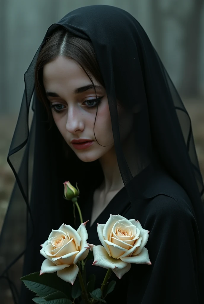 Create an image with my photo with black veil and black dress with white roses with blood closed eyes crying 