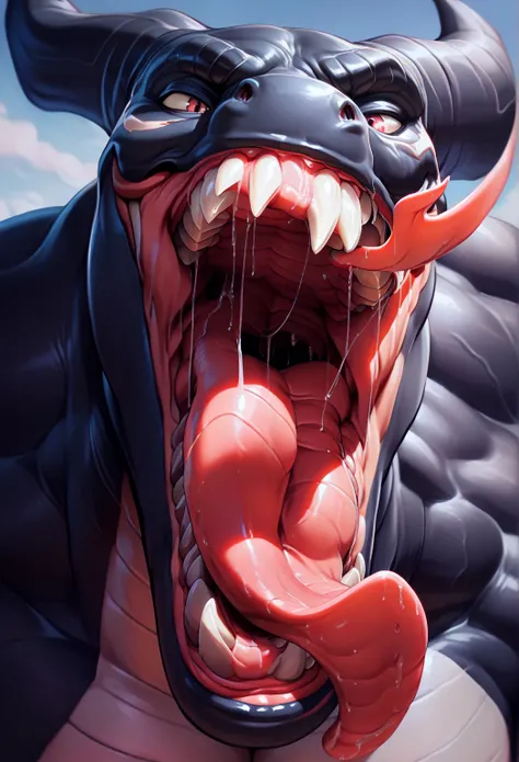 Sexy Anthro muscular male giant Venom, (((dragon))), dynamic pose, close up, handsome, open mouth, (((about to eat viewer, maw shot, saliva, throat close up, detailed tongue, illustrative))) beefy muscles