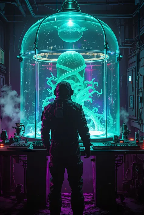  Dark Tech Lab ,} Cyberpunk fluorescent tube wrapped glass dome ， Robotic array with luminescent green reagent ， Holographic screen beating DNA spirals ， The back of a protective suit controls a transparent keyboard ， Semi-mechanical octopus tentacle glass...