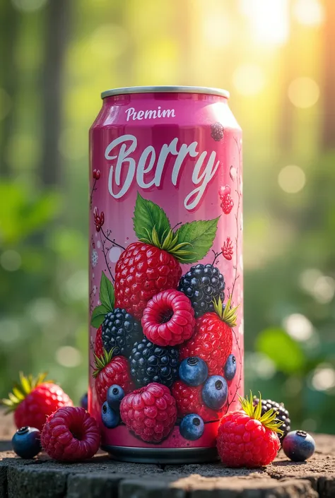 "A visually appealing can of berry-flavored drink, designed with a vibrant and organic aesthetic. The can is decorated with fresh berries like raspberries, blackberries, and blueberries, intertwined with delicate leaves and vines. The background is a lush,...