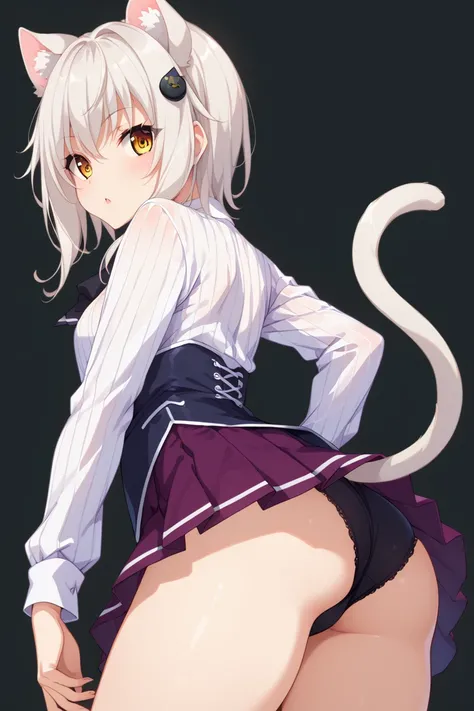 simple background, nsfw, 1girl, IToujoKoneko
white hair, yellow eyes, short hair, hair ornament
cat ears, cat tail
KonekoSchool, striped shirt, white shirt, long sleeves, black ribbon, black corset, purple skirt, hip, ass, from behind,