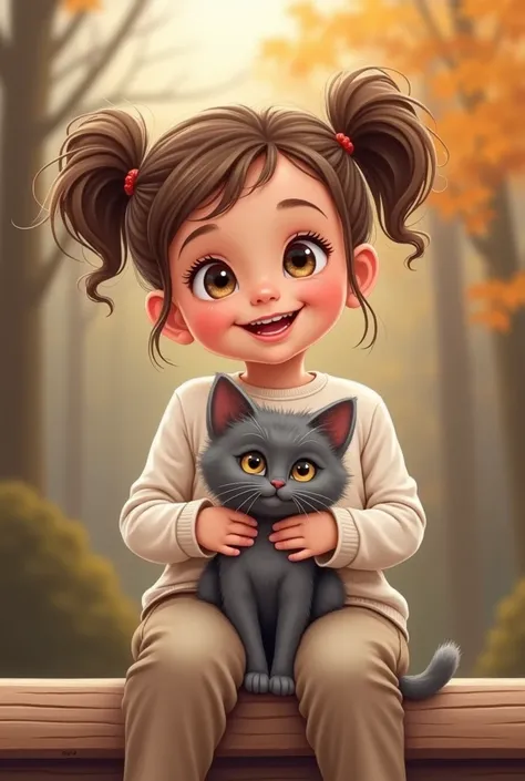 A young girl, light-skinned and toddler age, sits on a wooden bench, holding a gray kitten in her lap. She has light brown, styled hair in two, high ponytails. Her expression is joyful and happy, with a wide smile and bright eyes. Her body is slender but a...