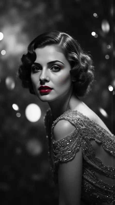 Create a captivating black and white photograph that embodies the enchanting essence of classic 1930s Hollywood glamour. The scene features a one-of-a-kind actress adorned with vibrant bright red lipstick, shimmering , elegant shinning bold and bright colo...