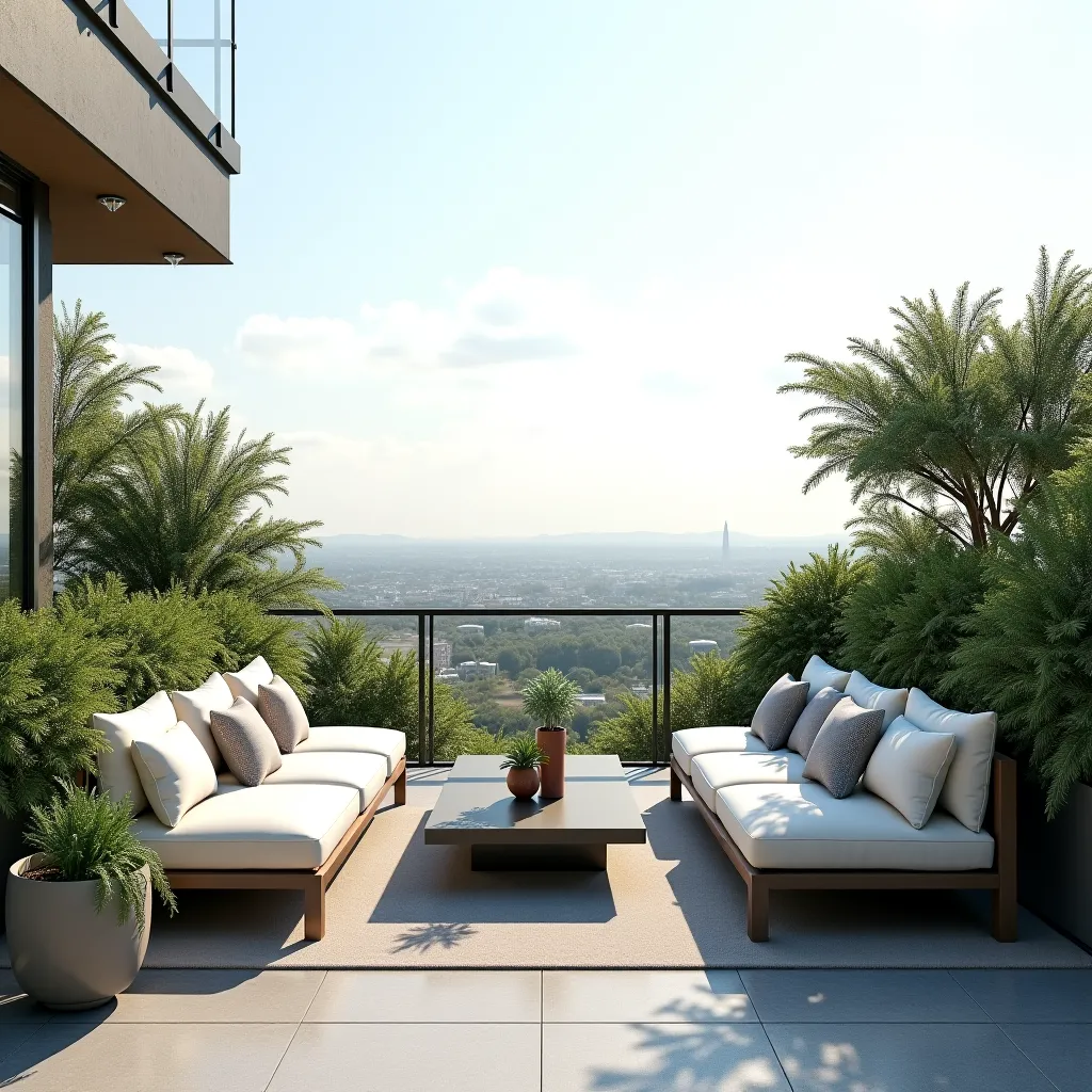 A modern terrace with comfortable outdoor sofas, a small coffee table, potted plants, and a panoramic view of the city or countryside.