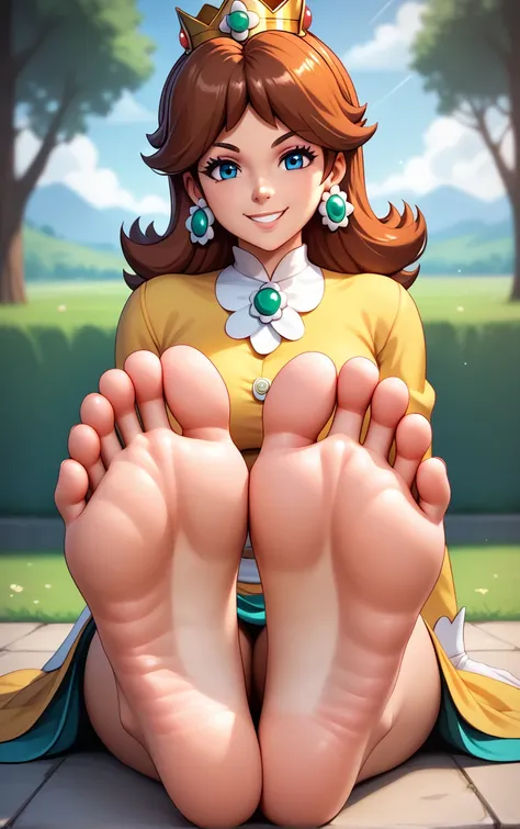 score_9, score_8_up, score_7_up, score_6_up, BREAK
PONYXL_WaifuFeetPics_ownwaifu, princessdaisy_supermario, 1girl, brown hair, blue eyes, toes, foot focus, barefoot, soles, feet, looking at viewer, foreshortening, sitting, smile, legs
depth of field 
,