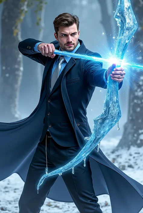 Handsome tall and strong white man with short brown hair with short beard wearing a black suit with a light blue shirt and silver tie bewitching a bow with ice magic in combat posture