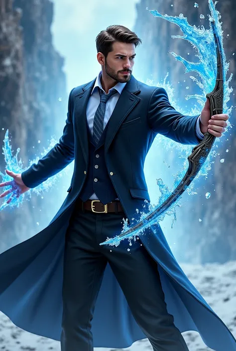 Handsome tall and strong white man with short brown hair with short beard wearing a black suit with a light blue shirt and silver tie bewitching a bow with ice magic in combat posture