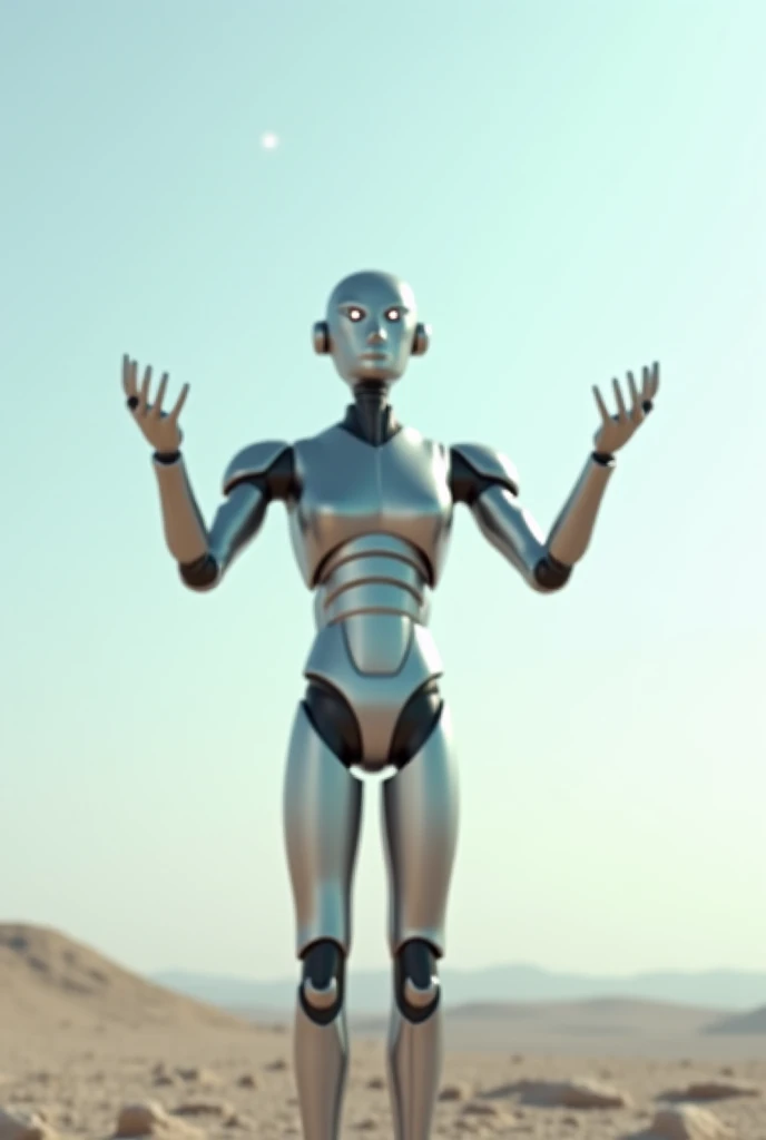 Humanoid 30 year old Robot stand in front side With open hands in air top of sky remember robot standing in front side 