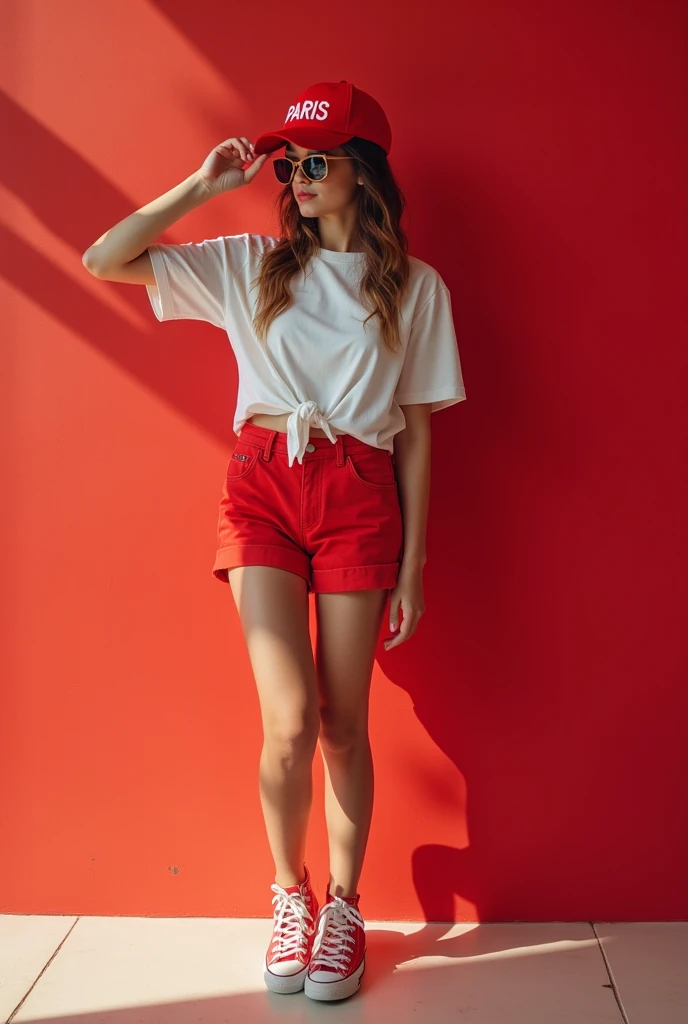 Créer une image complète d'une Italienne de 20 ans, Le modèle secret prétendant de mettre une casquette rouge type baseball.  La casquette porte la phrase « PARIS » écrite dessus . Le mannequin porte des lunettes de soleil, un top blanc sexy, short rouge, ...