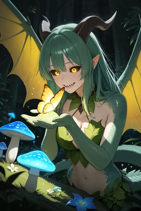 masterpiece, best quality, amazing quality, hyper-detailed, realistic, realism, 1girl, reptile girl, green hair, yellow eyes, black sclera, sharp teeth, lizard tail, dragon wings, dragon horns, leaf clothing, nature background, whimsical forest, light part...