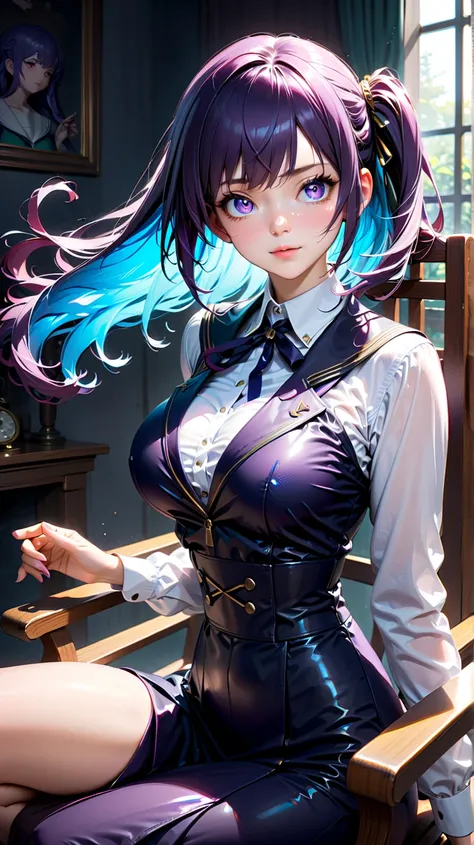 (1girl), (human), (Aeonis Serah Lumira) , (very long smooth straight dark purple hair and inner dark iridescent hair), (detailed dark iridescent eyes) , (aesthetic body) , (sitting in a room on chair wearing sefuku) , (Semi Realism) ,(masterpiece) , (very ...