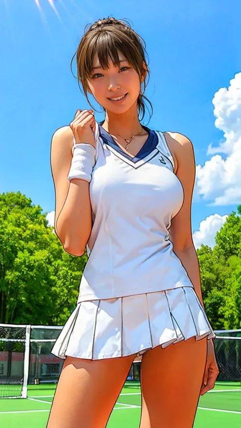  best image quality、 super real、１６k、 anatomically correct、 A Japanese woman 、 tennis player、smile、 laugh with your mouth wide open、 slim body、Big Breasts、 constricted、 tennis uniform、White skort、 wipe my sweat with a towel 、 cowboy shot、 tennis court、Midsu...