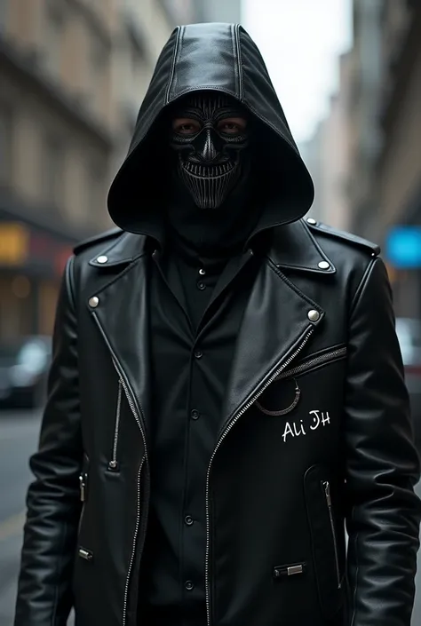 Someone mafia in a leather jacket and hacker mask and name hacked on Ali JH's coat. 