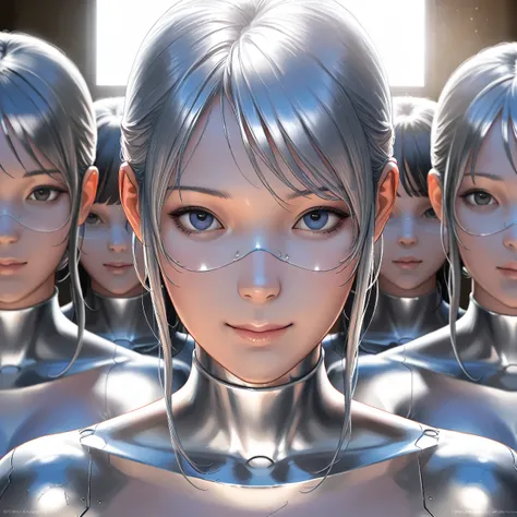 best quality,4k,8k,highres,masterpiece:1.2,ultra-detailed,realistic,photorealistic,photo-realistic:1.37,HDR,UHD,studio lighting,vivid colors,portrait, there are many silver statues of people in a glass case, style of hajime sorayama, hajime sorayama style,...