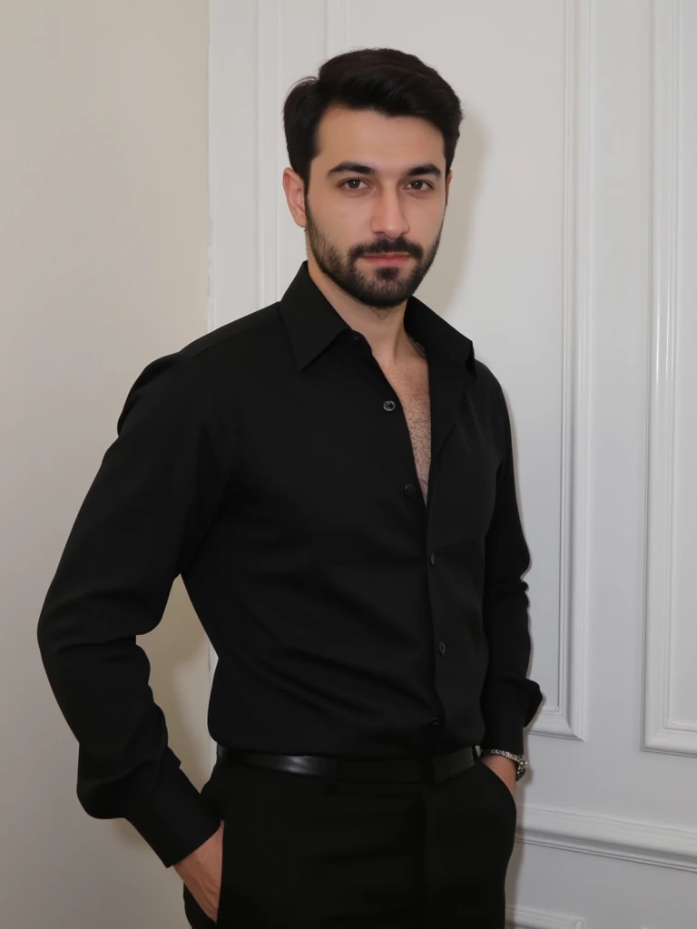 a young handsome turkish guy with muscle,  dark short hair and goatee beard he wearing a black blouse with reverse collar sleeves up  and a black suit pants location is germany amateur photo random picture blouse in pants  