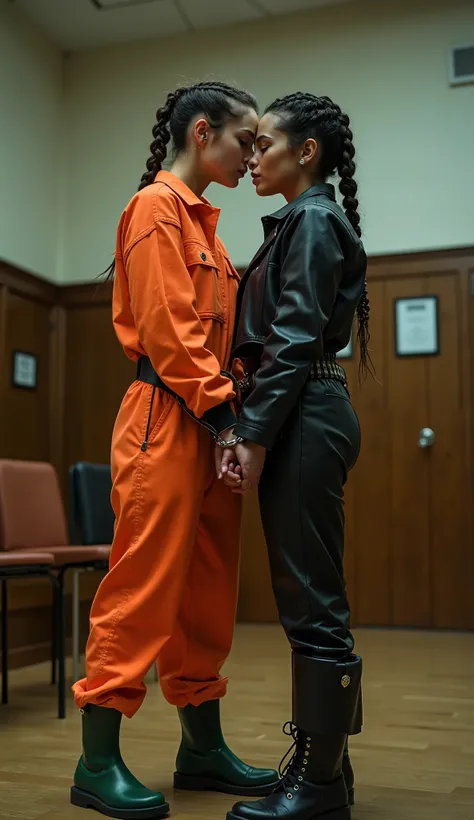 A French punk girl with braide hair, firmly handcuffed  in trial court. She's wearing a zipped orange prisoner jumpsuit, green rubber boots. She's kissing a female dominatrix in leather . fullbody veiw