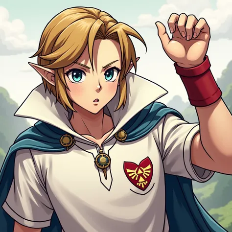 Anime Ocarina of time Emperor Link wearing a Massive popped collar polo with a collar so high it's taller than his head he's with Princess Zelda