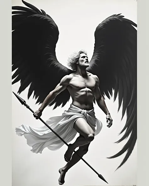 Impressionist oil painting on an old canvas, archangel michael white hair, with beard, change the black wing and spear, without clothes, jumps and scream, his head is pointing down, fight, without boots, side angle full frame, energenetic strokes, fine and...