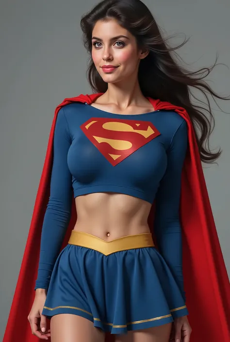 (DREAMY LIGHT BLUE EYES) A SEXY MATURE CUTE FEMALE WITH LIGHT BLUE EYES AND LONG BLACK HAIR WEARING A LONG SLEEVE BLUE CROP TOP WITH A "S" EMBLEM AND GOLD TRIM ON THE NECKLINE AND SLEEVES, A SHORT BLUE MICRO SKIRT WITH A GOLD SUPER BELT, A PAIR OF TALL RED...