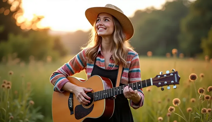 (photorealism:1.2),  "A young woman in a cowgirl style, wearing a straw hat, a colorful shirt, and black dress, standing outdoors near lush greenery. She looks directly at the camera with a joyful and peaceful expression, as if reflecting on God's creation...