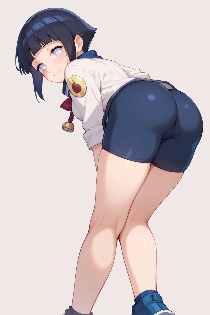 simple background, nsfw, 1girl, hyuuga hinata, 1girl, black hair, short hair, white eyes, no pupils, medium breasts, blush, smile, closed mouth, white shirt, training wear, blue bike shorts, hip, ass, from behind,