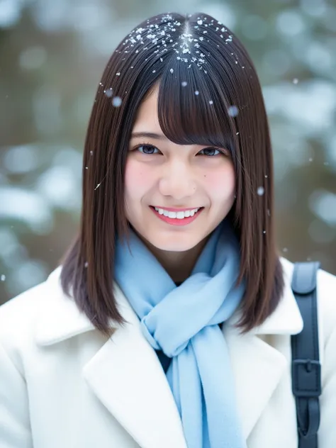  face,  sharp focus 35mm photo of a young Japanese woman named Kosakana with semi-long straight hair and bangs.  She smiles with the corners of her mouth slightly raised 、 Looking at Camera .  Her hair is shoulder-length bob style 、 with bangs hanging over...