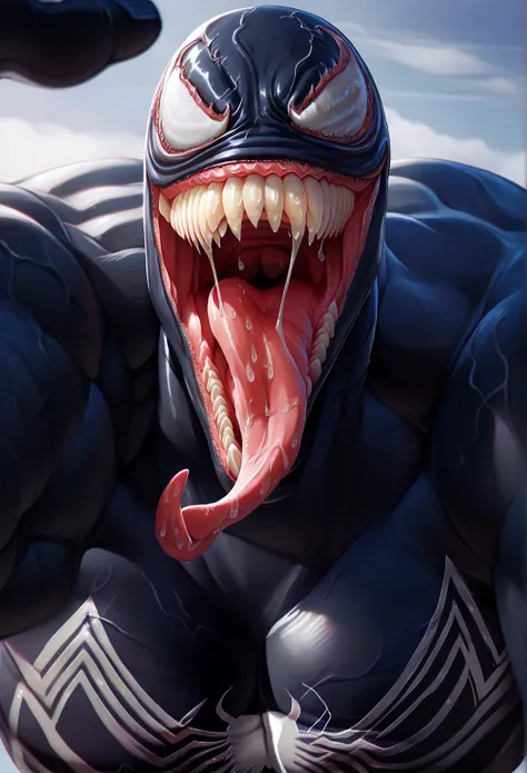 Sexy Anthro muscular male giant Venom, (((Venom))), dynamic pose, close up, handsome, open mouth, (((about to eat viewer, close up, detailed tongue,))) beefy muscles