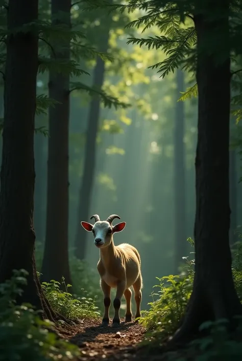 A deep forest in which the trees are tall and shady. The baby goat has entered a dense clump of trees playing. Behind the mother stands, surprised and worried, giving voices to her baby. He has trouble glimpsing in his eyes, and a sense of sensation in the...